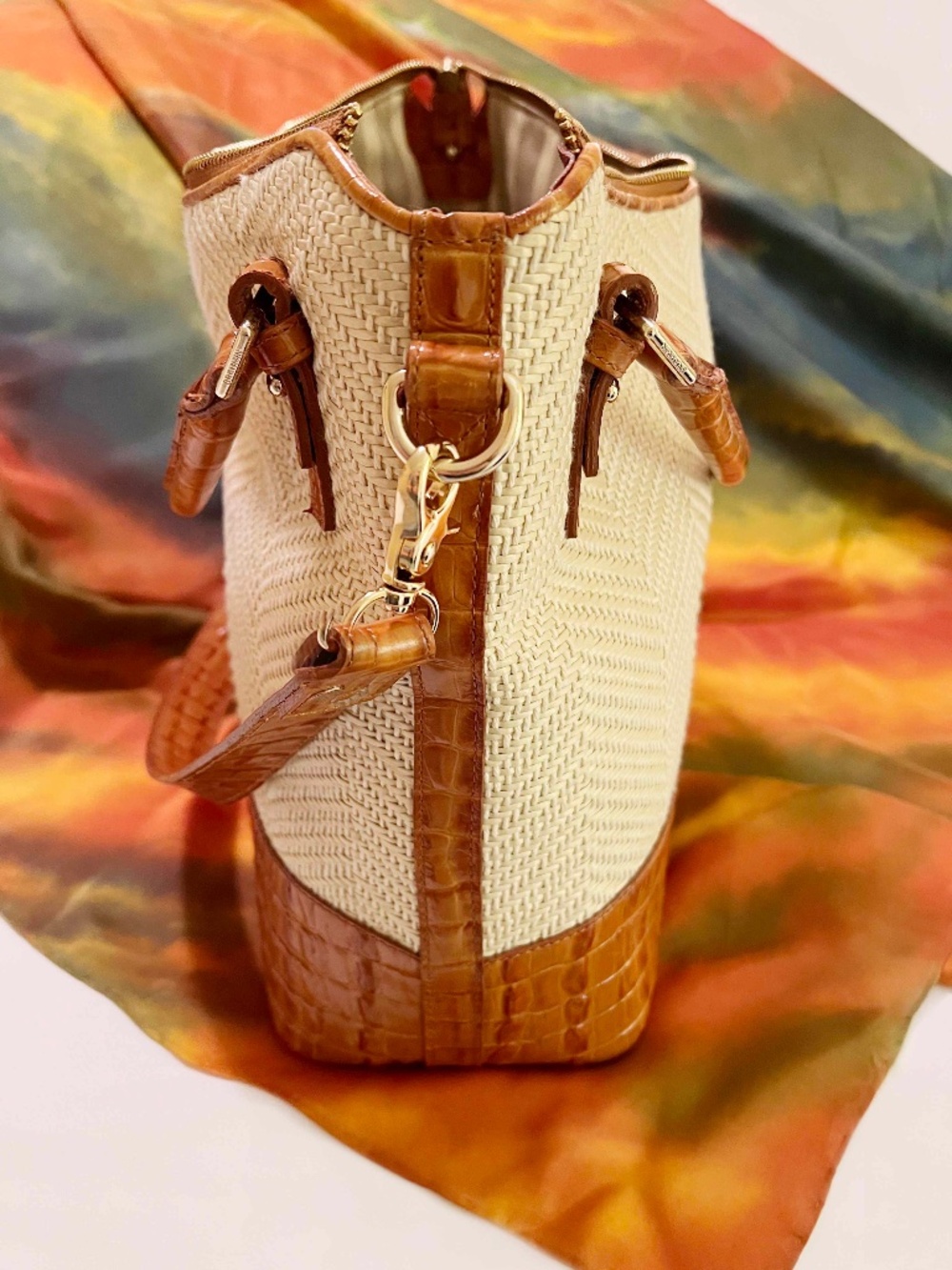 Brahmin Woven Herringbone Straw & Croc Leather Tassel Hobo Shoulder Bag - Picture 4 of 10